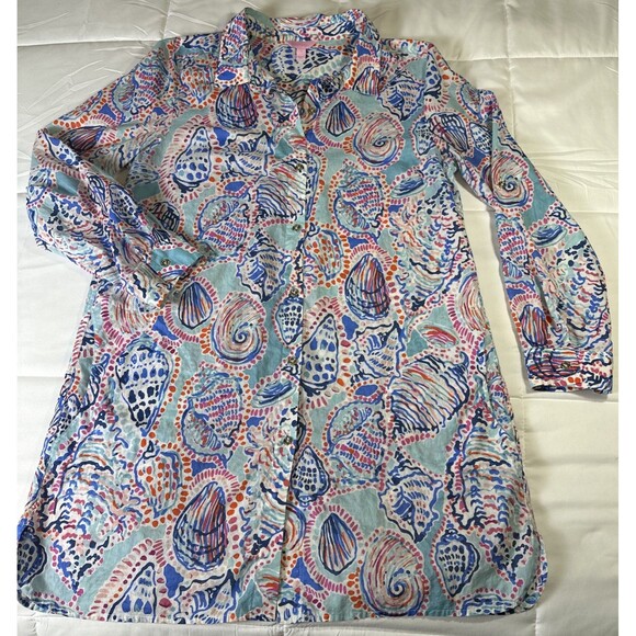 Lilly Pulitzer Shell Me About It Button Down Tunic Pink Blue Pockets Large - Picture 1 of 12